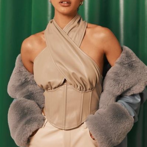 Sage Faux Leather Ruched Halterneck Corset Top - Picture 4 of 6